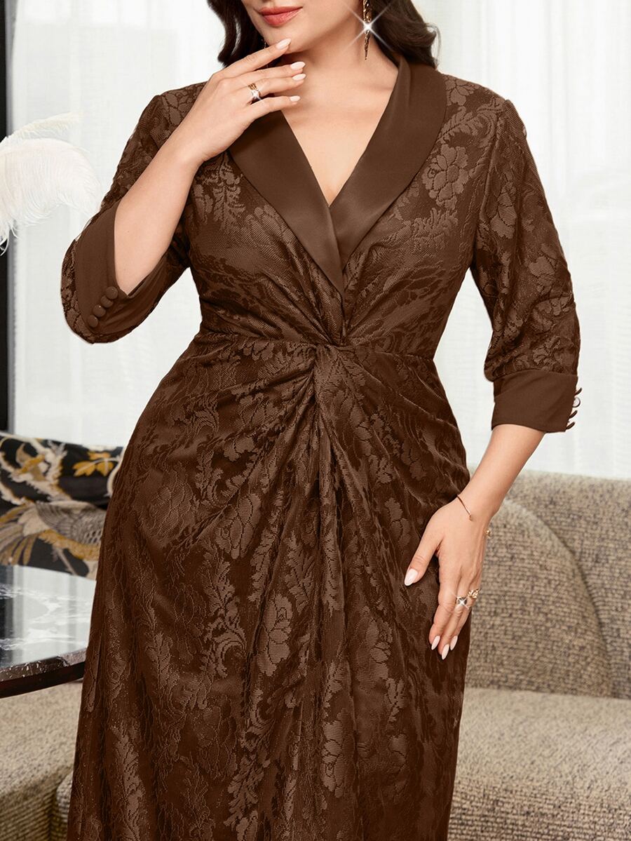 Reflora Plus Size Elegant Party Jacquard Twist Knot Dress Fall - Brown - View 1
