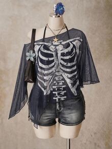 SHEIN ICON 大尺碼女款骷髏圖案休閒日常上衣 - 彩色 - 查看 3