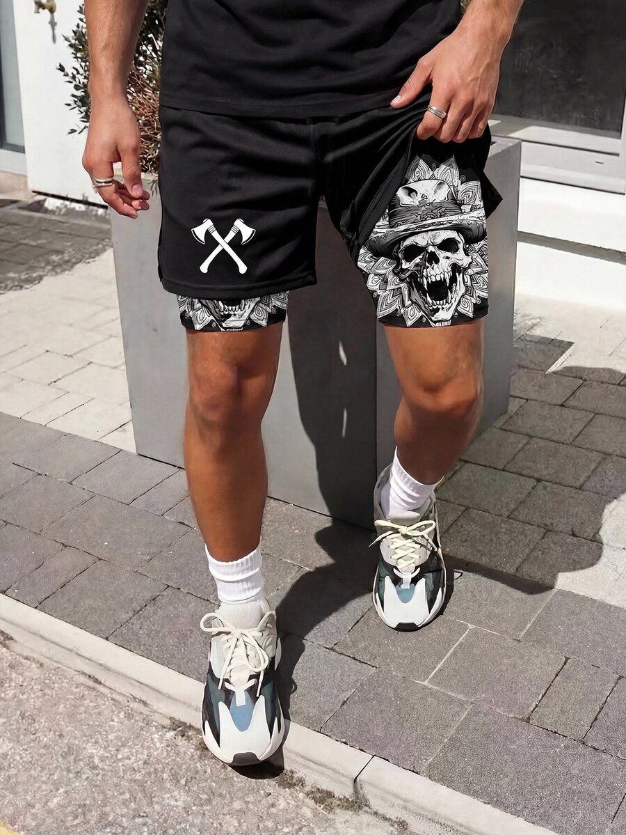 1pc Tween Boy Simple Figure Graphic Drawstring Waist Shorts, Suitable For School, Spring Wear - Black - View 1