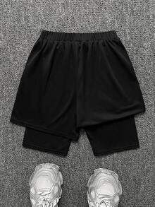 1pc Tween Boy Simple Figure Graphic Drawstring Waist Shorts, Suitable For School, Spring Wear - Black - View 3