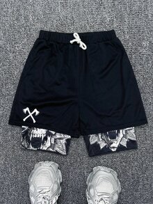1pc Tween Boy Simple Figure Graphic Drawstring Waist Shorts, Suitable For School, Spring Wear - Black - View 2