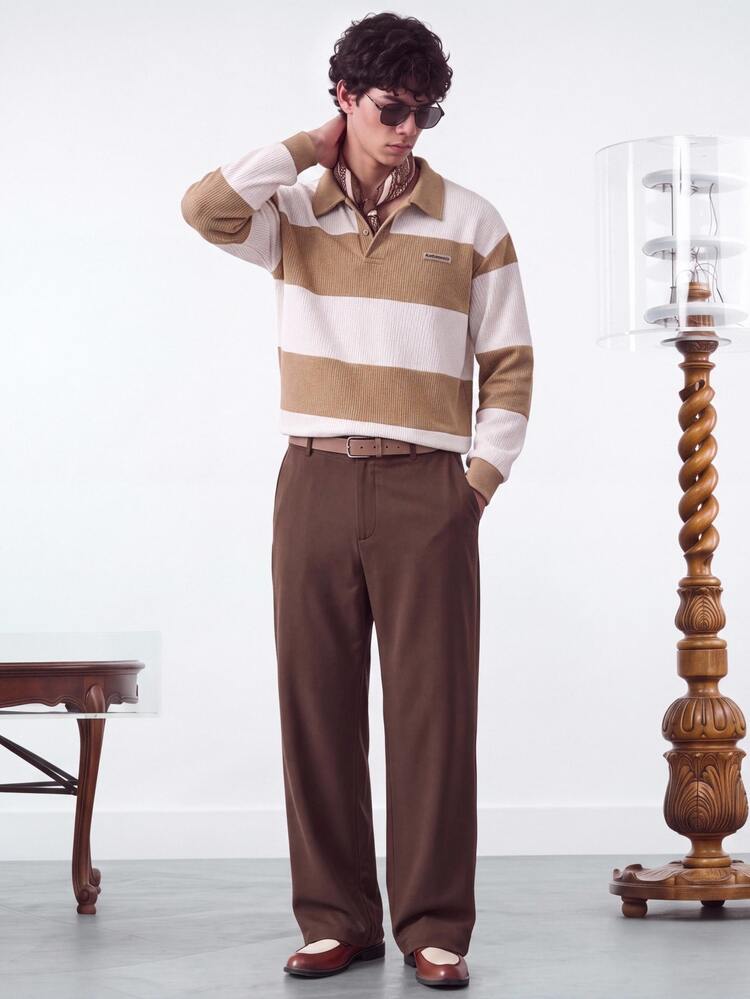 NORVETH Men's Knitted Fashion Casual Loose Long Sleeve Half-Zip Sweatshirt - Camel - View 1