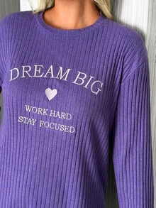 SHEIN Dream Big Graphic Rib Knit Lounge Set - Purple - View 4