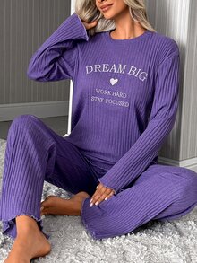 SHEIN Dream Big Graphic Rib Knit Lounge Set - Purple - View 5