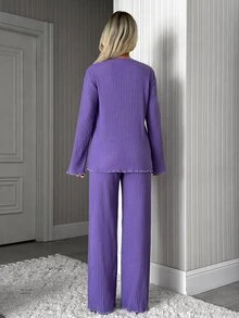 SHEIN Dream Big Graphic Rib Knit Lounge Set - Purple - View 2