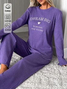 SHEIN Dream Big Graphic Rib Knit Lounge Set - Purple - View 3