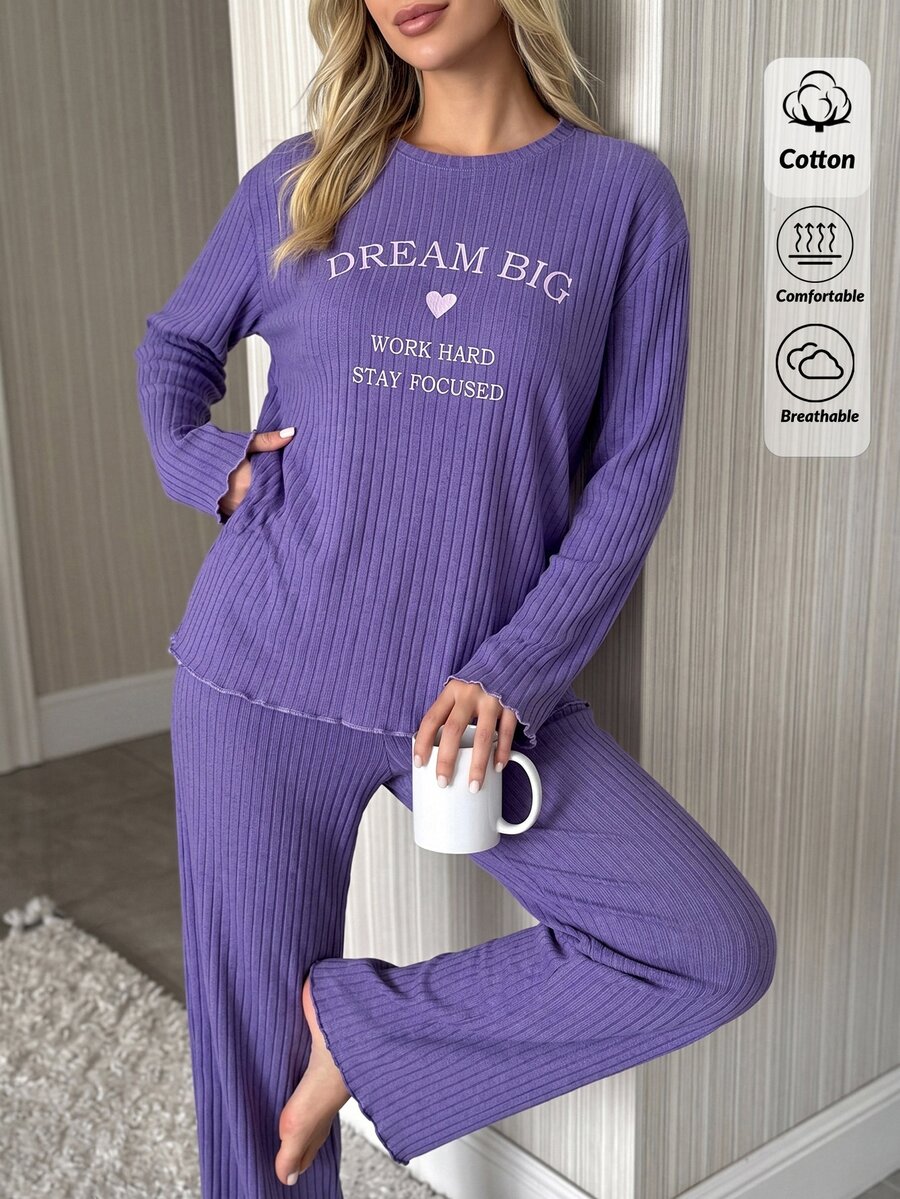 SHEIN Dream Big Graphic Rib Knit Lounge Set - Purple - View 1
