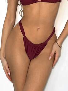 SHEIN ICON Women's Spring Summer Solid Color Burgundy Red Holiday Spring Summer Sexy Swim Bottom Beach Solid Color Low Waist Bikini Bottom - Burgundy - View 2