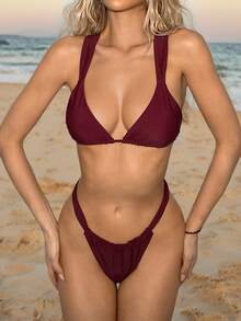 SHEIN ICON Women's Spring Summer Solid Color Burgundy Red Holiday Spring Summer Sexy Swim Bottom Beach Solid Color Low Waist Bikini Bottom - Burgundy - View 11