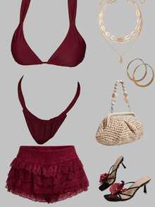 SHEIN ICON Women's Spring Summer Solid Color Burgundy Red Holiday Spring Summer Sexy Swim Bottom Beach Solid Color Low Waist Bikini Bottom - Burgundy - View 6