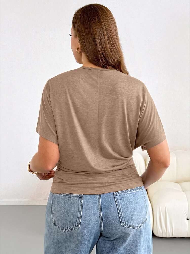 Shapeblank تي شيرت نسائي مقاس كبير بلون موحد بياقة على شكل حرف V كاجوال متعدد الاستخدامات للاستخدام اليومي - كاكي - مشاهدة 2