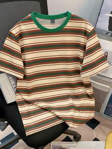 Manfinity Joysei Men's Casual Retro Striped Print Short Sleeve Round Neck T-Shirt, Suitable For Daily Commute In Summer - Green - View 2