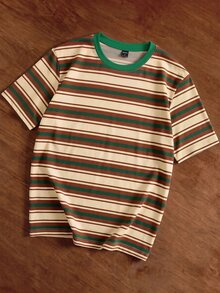 Manfinity Joysei Men's Casual Retro Striped Print Short Sleeve Round Neck T-Shirt, Suitable For Daily Commute In Summer - Green - View 1