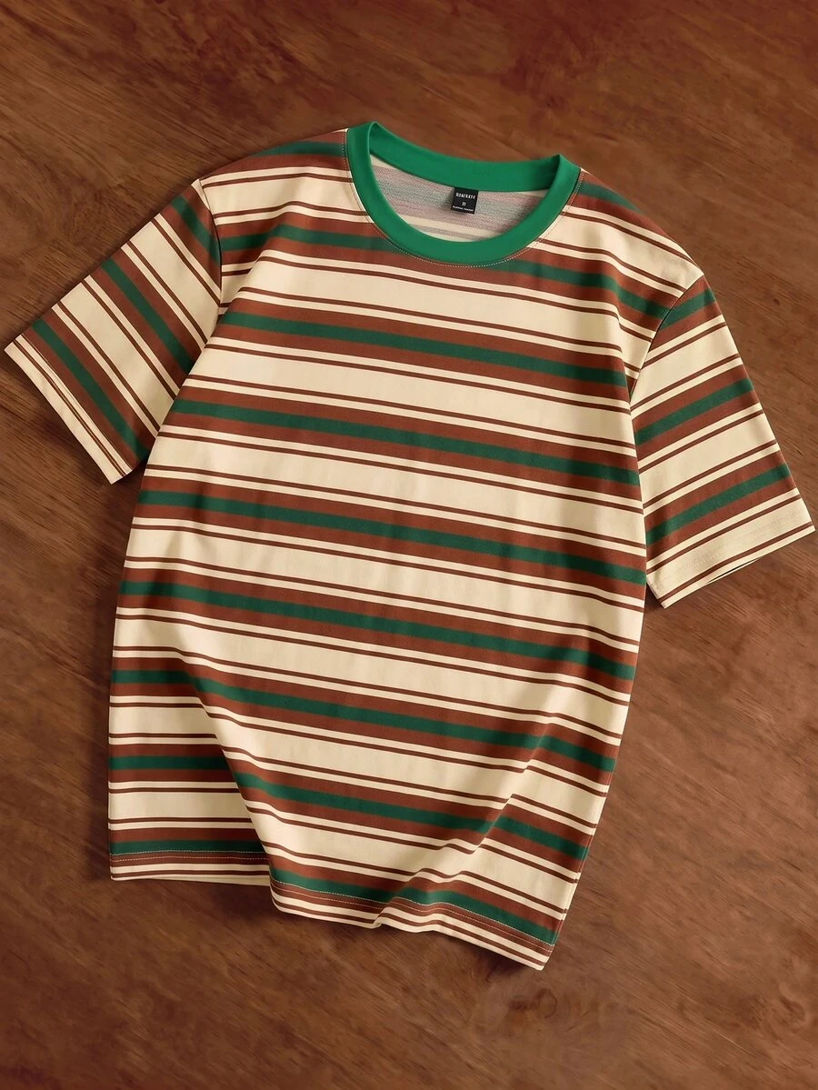 Manfinity Joysei Men's Casual Retro Striped Print Short Sleeve Round Neck T-Shirt, Suitable For Daily Commute In Summer - Green - View 1