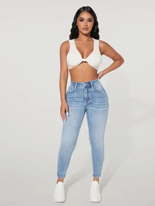 SHEIN PETITE Casual Washed Slim Fit Denim Jeans - Light Wash - View 4