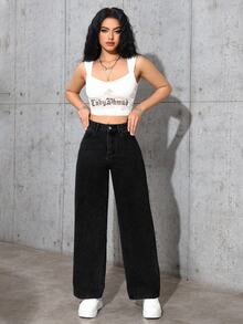 SHEIN ICON Casual Streetwear Washed Straight Leg Denim Jeans Teacher Elementary Work Dark Wash Summer - Black - View 6