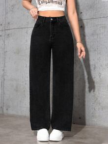SHEIN ICON Casual Streetwear Washed Straight Leg Denim Jeans Teacher Elementary Work Dark Wash Summer - Black - View 7