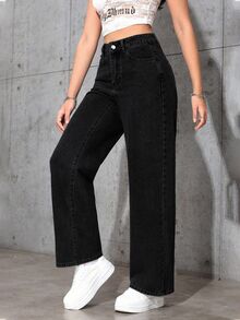 SHEIN ICON Casual Streetwear Washed Straight Leg Denim Jeans Teacher Elementary Work Dark Wash Summer - Black - View 8