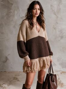 Solivie Gaun Sweater Wanita Gaya Jalanan Vintage dengan Blok Warna - MultiWarna - View 5
