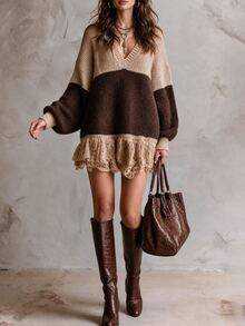 Solivie Gaun Sweater Wanita Gaya Jalanan Vintage dengan Blok Warna - MultiWarna - View 4