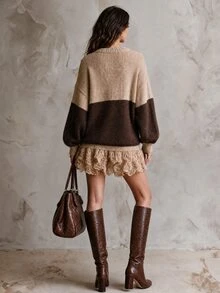 Solivie Gaun Sweater Wanita Gaya Jalanan Vintage dengan Blok Warna - MultiWarna - View 3