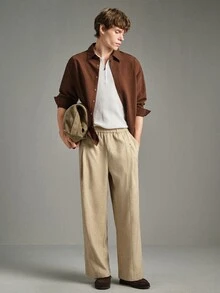 Calmiston Men's Casual Versatile Solid Color Pants Formal Old Money - Apricot - View 6