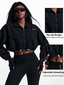 Innovista Innovista 女款字母印花拉鍊長袖短版運動夾克，輕量透氣防風外套，適合跑步、健身、戶外旅行運動穿著 - 黑色 - 查看 5