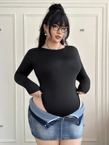 CovetEZ 大码纯色长袖紧身衣 - 黑色 - 查看 3