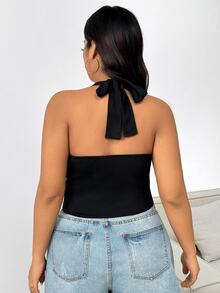 CovetEZ Plus Size Women's Sexy Black Lace-Up Neck Halter Tank Top, Summer Crop Tops - Black - View 3