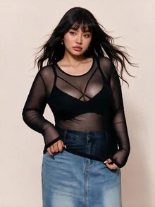 CovetEZ Blusa de manga larga transparente de malla para mujer talla grande - Negro - Ver 8