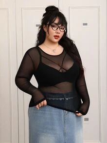 CovetEZ Blusa de manga larga transparente de malla para mujer talla grande - Negro - Ver 5