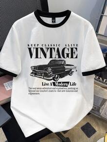 Manfinity Joysei Standard Size Men's Vintage Car Graphic T-Shirt, Sleeve Contrast Design, Suitable For Summer, Outings, School, Friend Gifts - Black and White - View 3