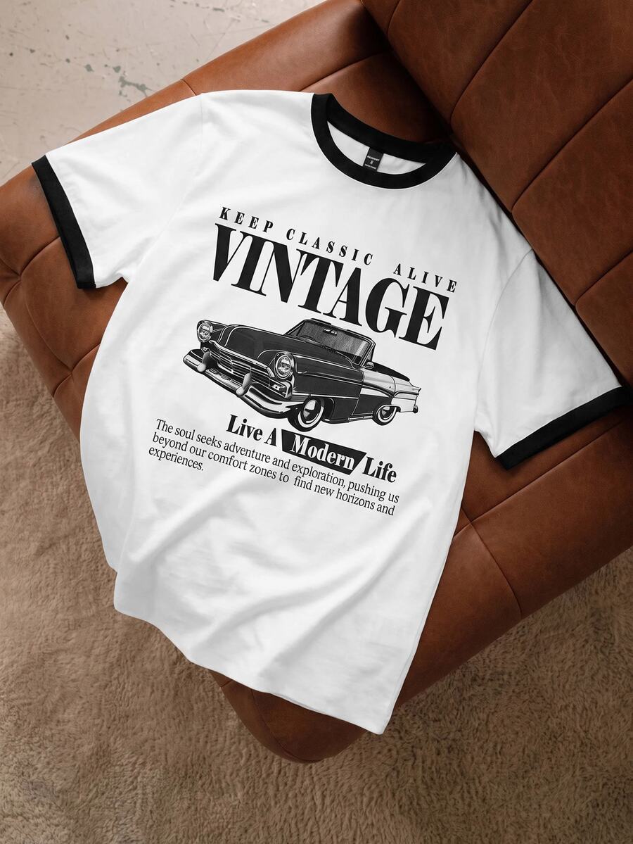 Manfinity Joysei Standard Size Men's Vintage Car Graphic T-Shirt, Sleeve Contrast Design, Suitable For Summer, Outings, School, Friend Gifts - Black and White - View 1