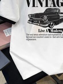 Manfinity Joysei Standard Size Men's Vintage Car Graphic T-Shirt, Sleeve Contrast Design, Suitable For Summer, Outings, School, Friend Gifts - Black and White - View 5
