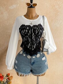Soleia Contrast Lace Drop Shoulder Sweatshirt - Black and White - View 1