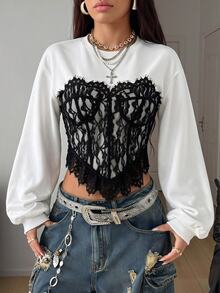 Soleia Contrast Lace Drop Shoulder Sweatshirt - Black and White - View 5