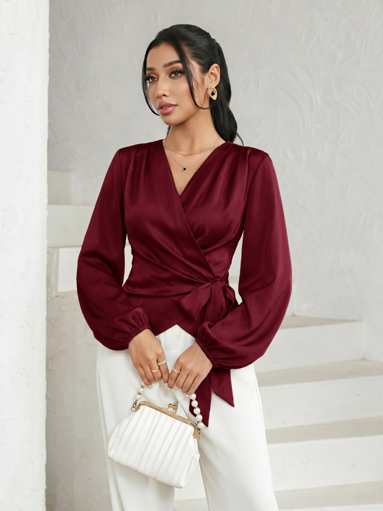 Modelyn Blus Elegan Wanita Lengan Panjang Model Wrap dengan Bahu Reguler dan Warna Polos - Burgundy - View 3