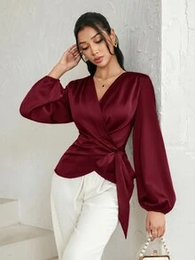 Modelyn 女款素色標準肩寬長袖裹身優雅襯衫 - 酒紅色 - 查看 6