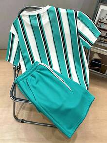 Manfinity Joysei Men's Striped Letter Print Contrast Color Round Neck T-Shirt And Pocket Drawstring Waist Shorts Set - Mint Blue - View 4