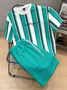 Manfinity Joysei Men's Striped Letter Print Contrast Color Round Neck T-Shirt And Pocket Drawstring Waist Shorts Set - Mint Blue - View 3