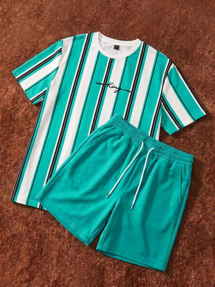 Manfinity Joysei Bộ đồ nam gồm áo thun cổ tròn in chữ kẻ sọc phối màu tương phản và quần short cạp chun có túi. - Màu xanh bạc hà - Xem 1