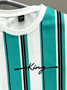 Manfinity Joysei Men's Striped Letter Print Contrast Color Round Neck T-Shirt And Pocket Drawstring Waist Shorts Set - Mint Blue - View 2