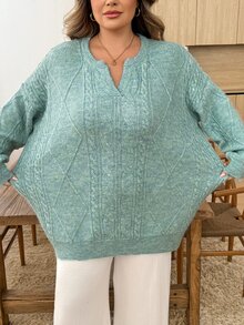 SHEIN CURVE+ Sweater Lengan Panjang Kasual Serbaguna untuk Wanita Ukuran Besar, Warna Polos, Cocok untuk Sehari-hari di Musim Dingin - Biru - View 4