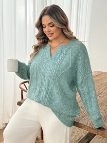 SHEIN CURVE+ Sweater Lengan Panjang Kasual Serbaguna untuk Wanita Ukuran Besar, Warna Polos, Cocok untuk Sehari-hari di Musim Dingin - Biru - View 2