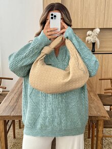 SHEIN CURVE+ Sweater Lengan Panjang Kasual Serbaguna untuk Wanita Ukuran Besar, Warna Polos, Cocok untuk Sehari-hari di Musim Dingin - Biru - View 5