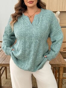 SHEIN CURVE+ Sweater Lengan Panjang Kasual Serbaguna untuk Wanita Ukuran Besar, Warna Polos, Cocok untuk Sehari-hari di Musim Dingin - Biru - View 6