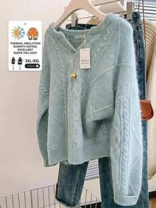 SHEIN CURVE+ Sweater Lengan Panjang Kasual Serbaguna untuk Wanita Ukuran Besar, Warna Polos, Cocok untuk Sehari-hari di Musim Dingin - Biru - View 8
