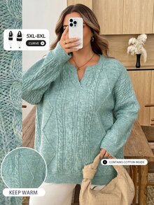 SHEIN CURVE+ Sweater Lengan Panjang Kasual Serbaguna untuk Wanita Ukuran Besar, Warna Polos, Cocok untuk Sehari-hari di Musim Dingin - Biru - View 1