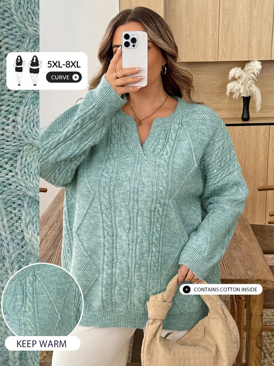 SHEIN CURVE+ Sweater Lengan Panjang Kasual Serbaguna untuk Wanita Ukuran Besar, Warna Polos, Cocok untuk Sehari-hari di Musim Dingin - Biru - View 1