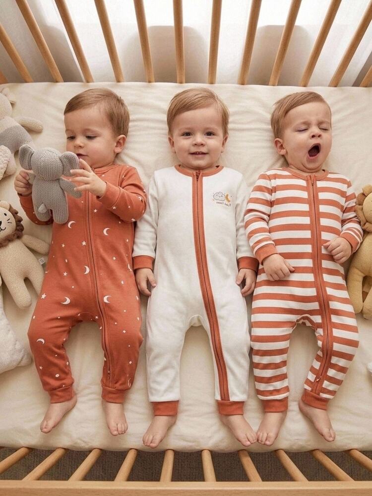 SHEIN 3pcs Newborn Baby Boy Baby Girl Cute Knitted Casual Cartoon Pattern Long Sleeve Footed Rompers 3pcs Tight Fit Home Wear Unisex Baby Clothes Baby Winter Clothes - Multicolor - View 2